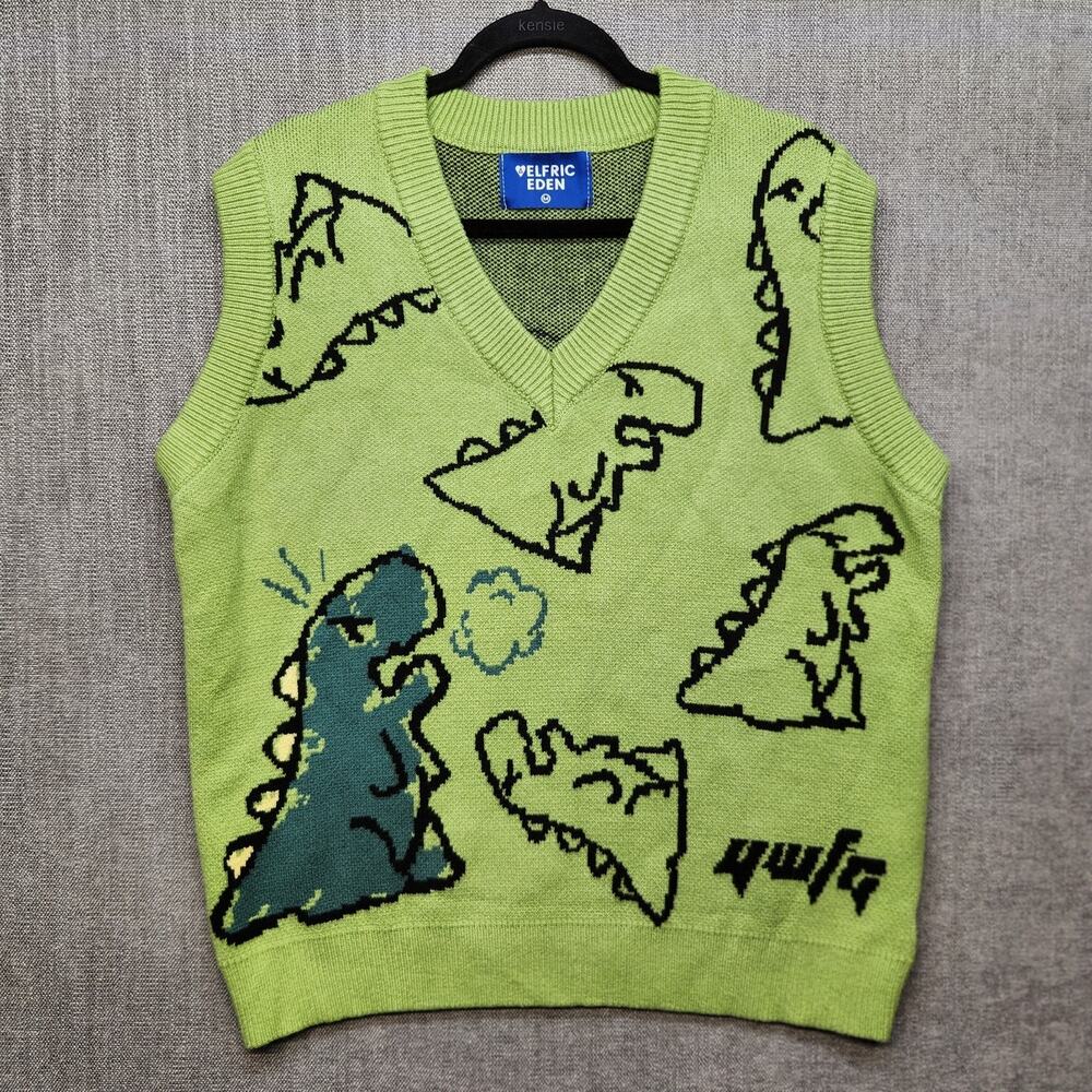 Elfric Eden Dinosaur Sweater Vest Green Graphic Knit V Neck Unisex Size M